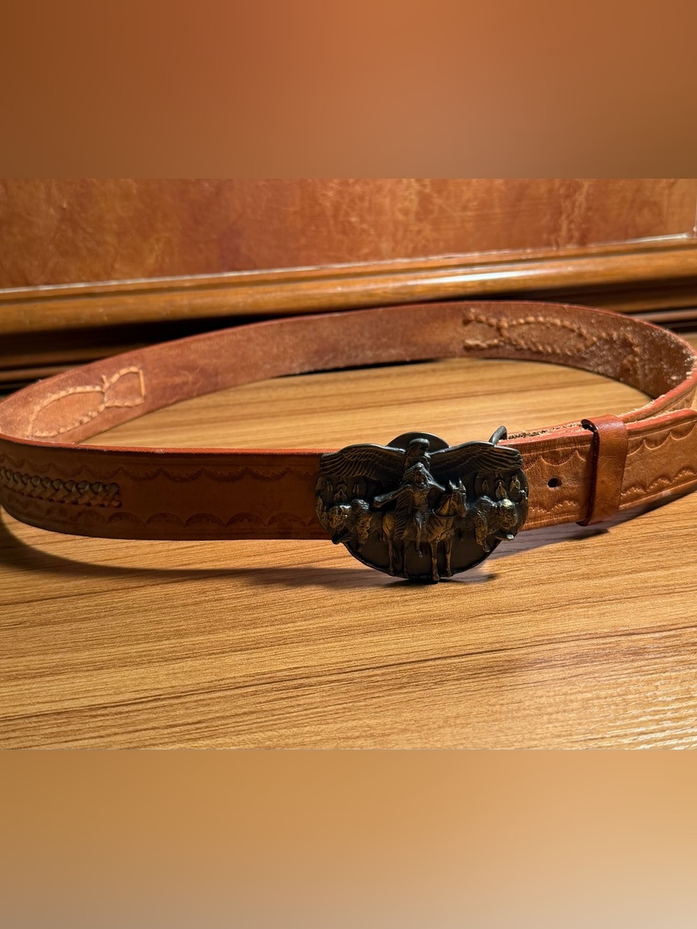 Vtg 1988 Siskiyou Pewter Buckle Tooled Leather Scorpion Belt 36 Mexico Western